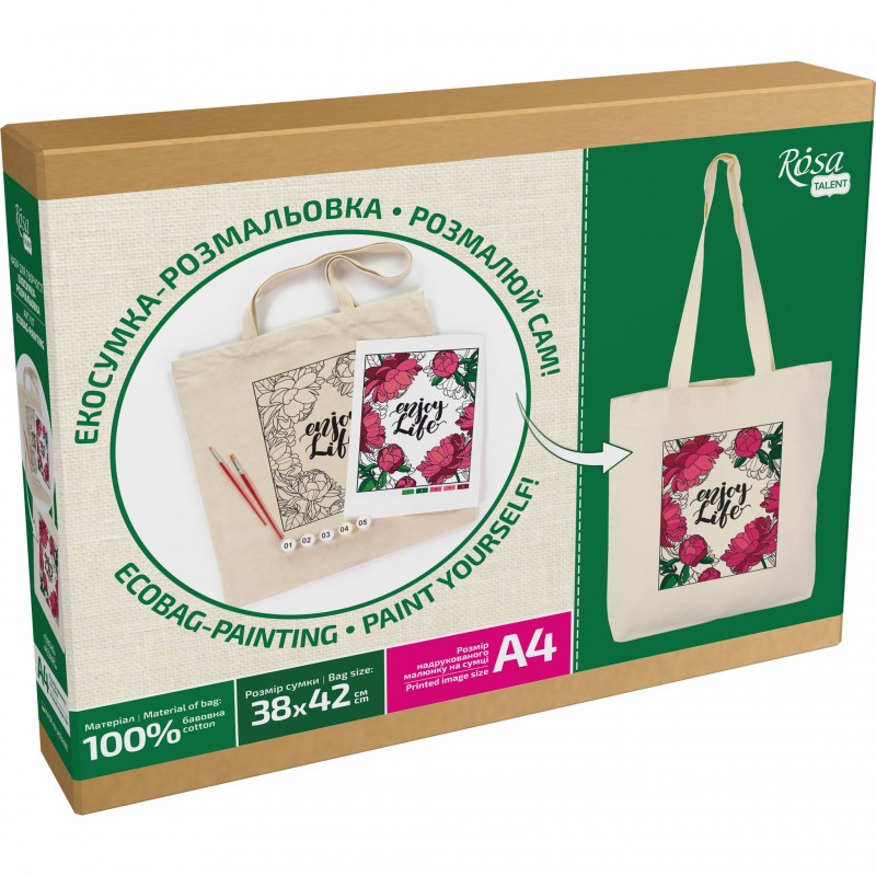 Set, ecobag-coloring, „Peonies“, cotton 220 gsm, 38x42 cm, ROSA Talent