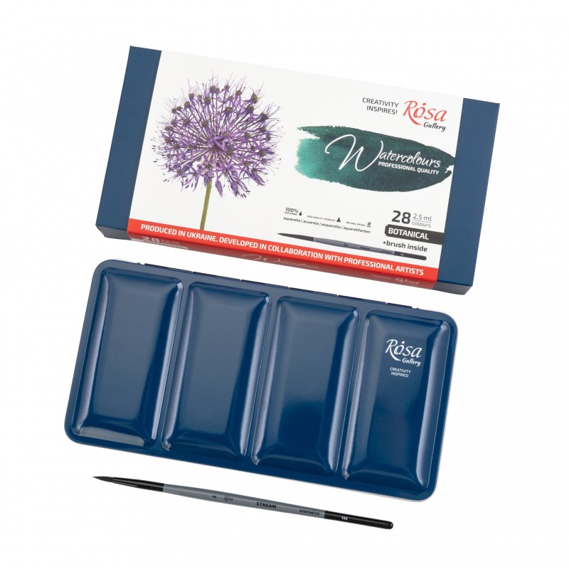 Watercolour set BOTANICAL ROSA Gallery pans + brush in metal case