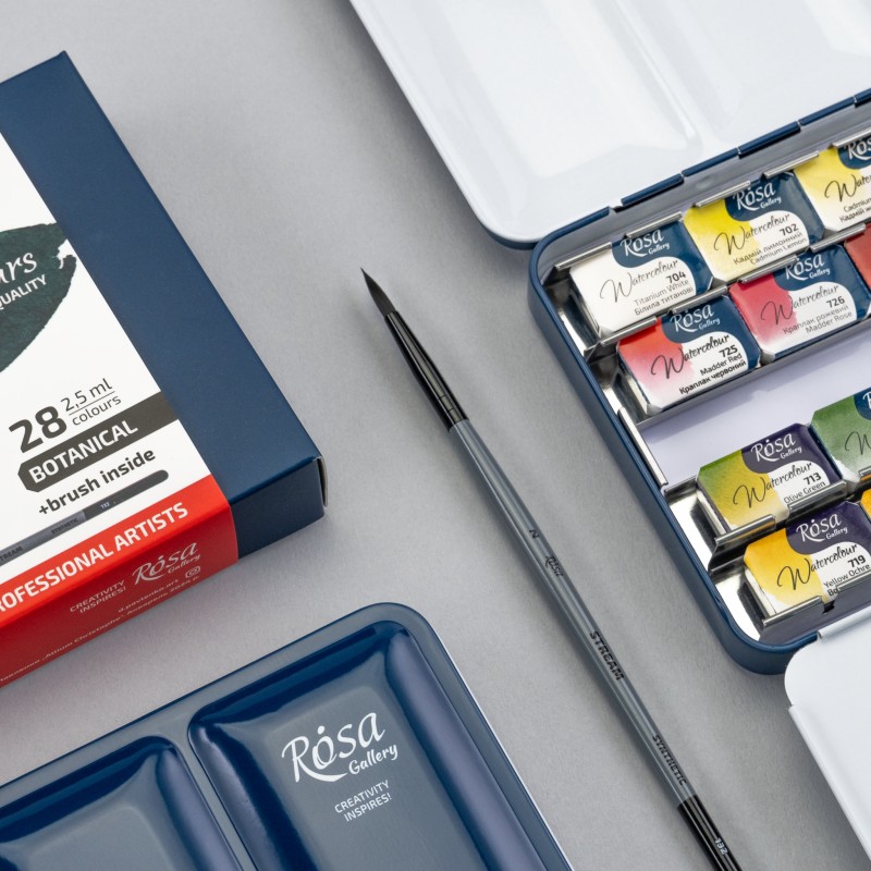 Watercolour set BOTANICAL ROSA Gallery pans + brush in metal case