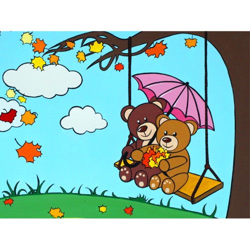 „Bears on swing“, сardboard with an outline, Cartoons № 25, 20х30, cotton, acrylic , ROSA START