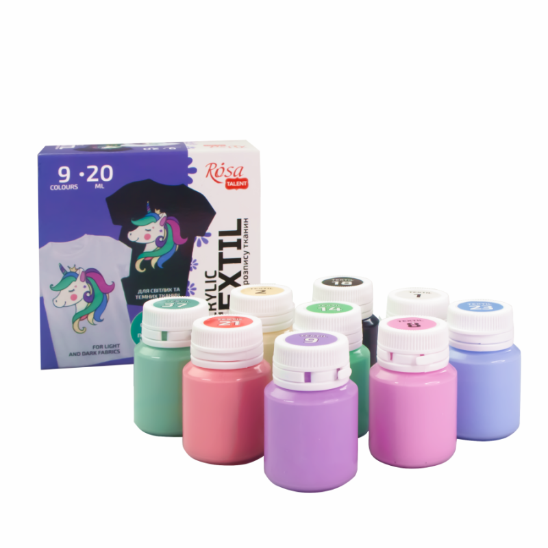 Set of acrylic paints for textile UNICORN, 9col., 20ml, pastel colorsl ROSA TALENT