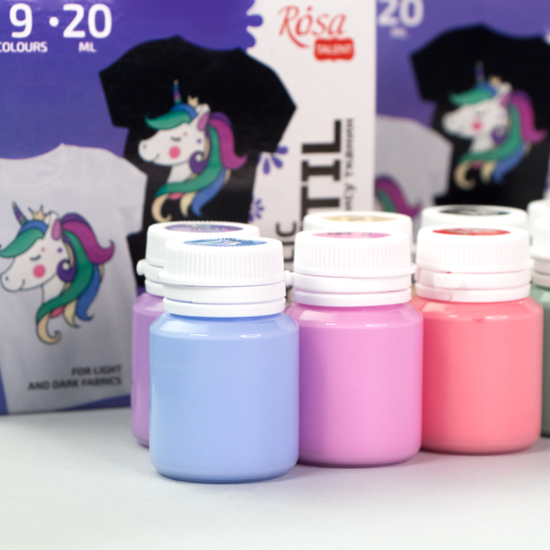 Set of acrylic paints for textile UNICORN, 9col., 20ml, pastel colorsl ROSA TALENT